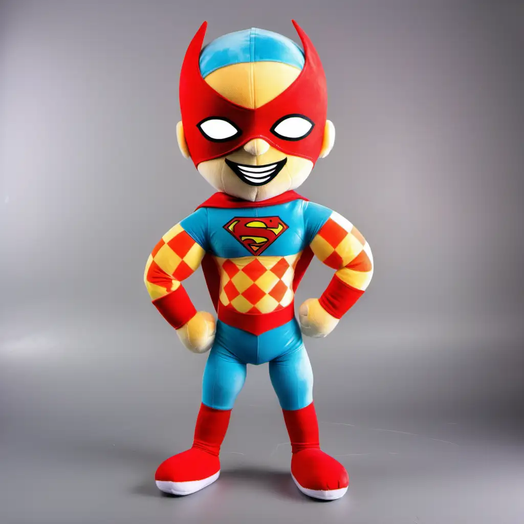 PLUSH TOY ,BOY , SUPERHERO, MASK , VIBRANT checkered COLOURED UNIFORM , NO CAPE , BANDANA ON THE HEAD ,HUGE ROUND MUSCLES , LONG  LEGS ,LONG ARMS , HAPPY, ATHLETIC 