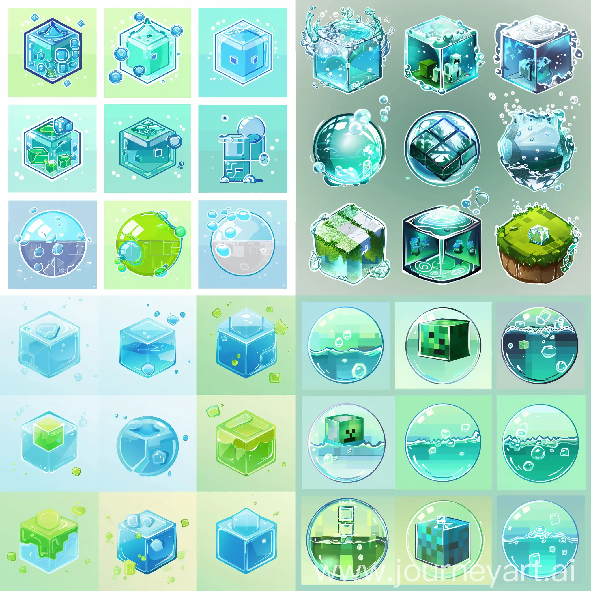 9 different logos featuring a cubic water bubble with a Minecraft theme, for a gaming context. The design should be very clean and slightly minimalistic, using a light blue and green color palette. The overall look should be vibrant, appealing to gamers and fans of Minecraft.