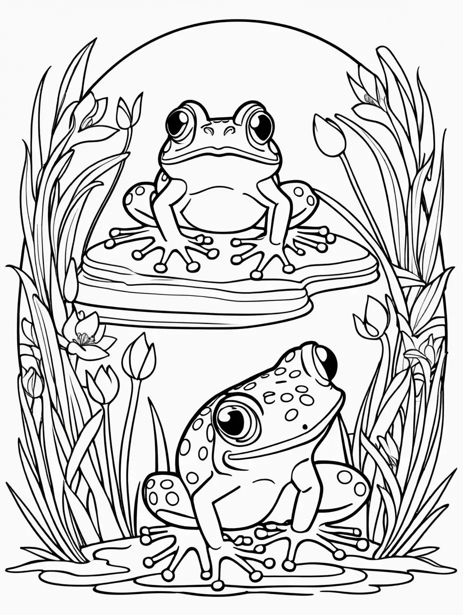 childrens coloring book page, cartoon modern, mandala frogs, b&w thin line art, coloring book, white background, no dither, no gradient, no fill, vector illustration, v 5.2--ar 2:3