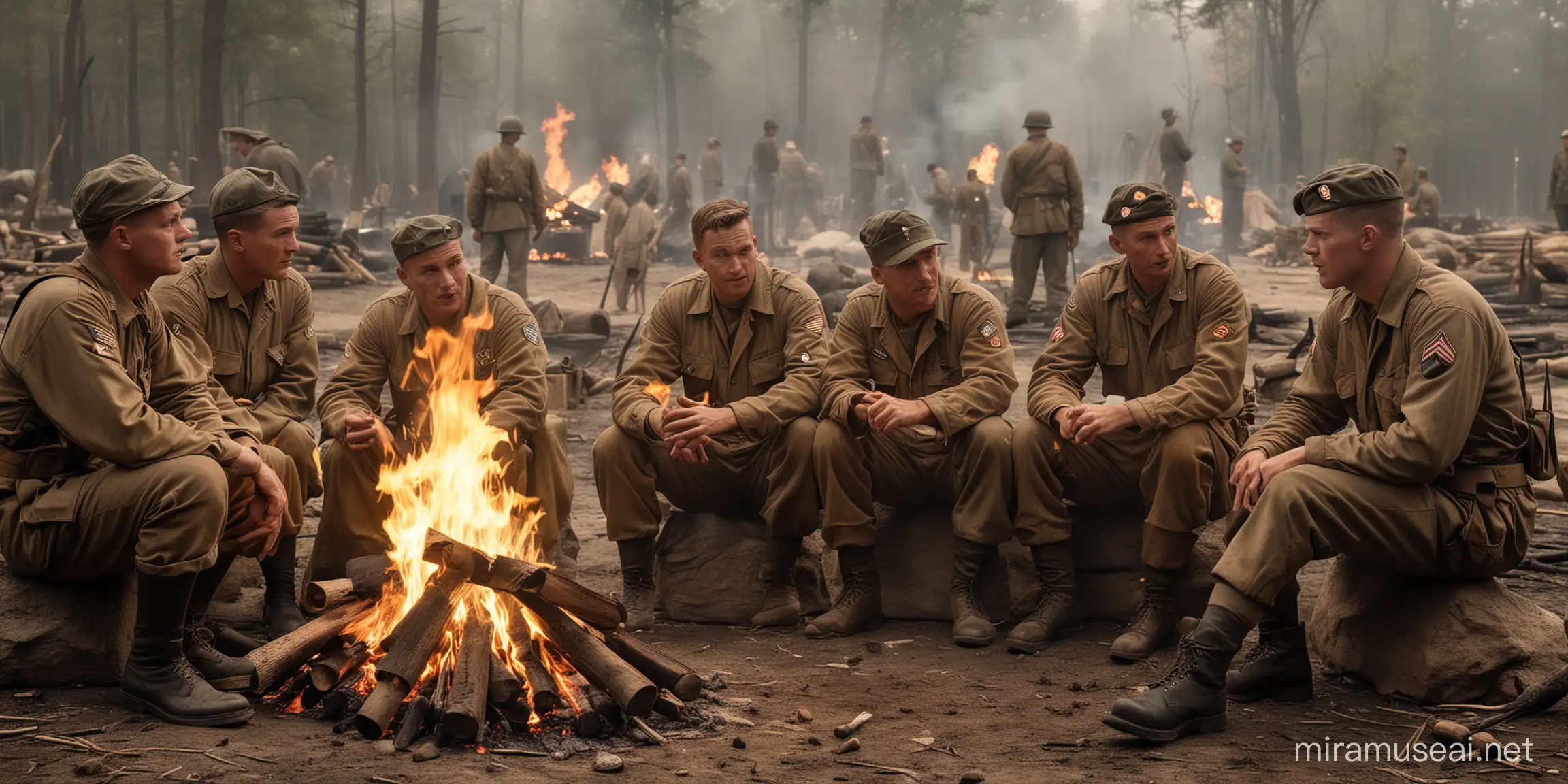 group of WW2 usa soldiers sitting around camp fire. just one of them is standing up and telling fascinating story to others who are in awe and disbelief.