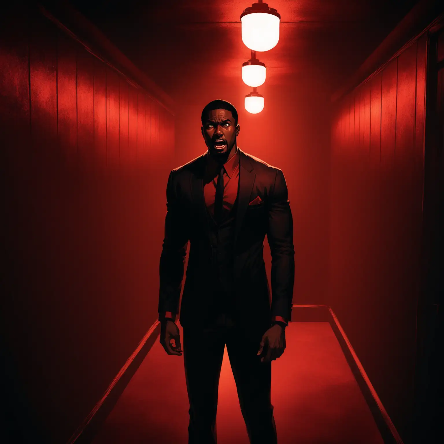 A dim room with red lights. It was once a speakeasy, now its a modernized lounge where the players play. A handsome African American man fit body type lightly toned stands dressed in a black blazer and pants is backed into a corner terrified expression on his face as he stands in a void of fear