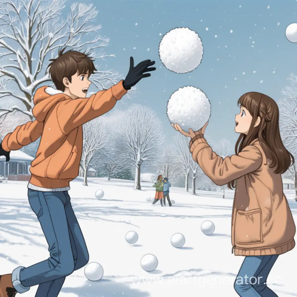 парень девятнадцати лет играет в снежки с девушкой шеснацати лет
