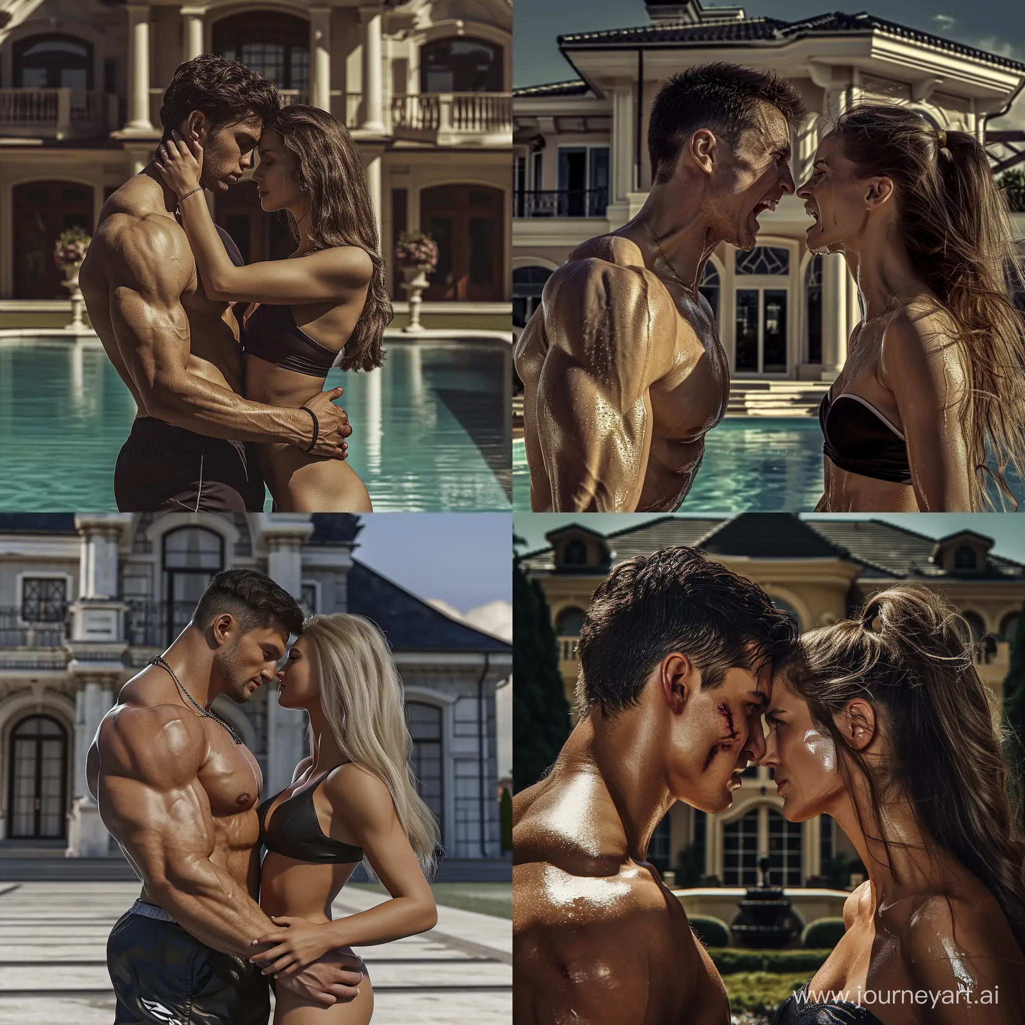 Passionate-Athletic-Couple-in-Front-of-Luxury-Mansion