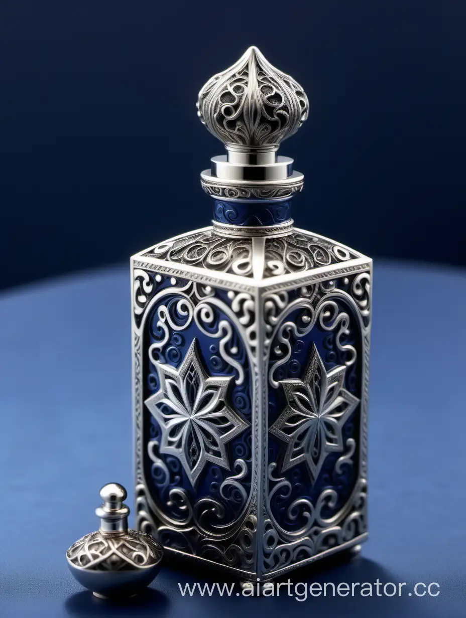 Incredibly detailed, elaborate, embellished potion bottle containing the elixir of life decorative ornamental Zamac Perfume cap, and bottle Dark blue, silver color with dark black square arabesque pattern shaped | metallizing finish