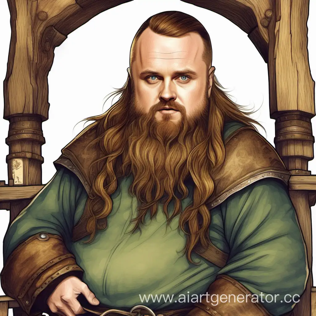 Aaron Paul, fat gnome, Medieval fantasy with magic, wood craftsman, long hair, without beard