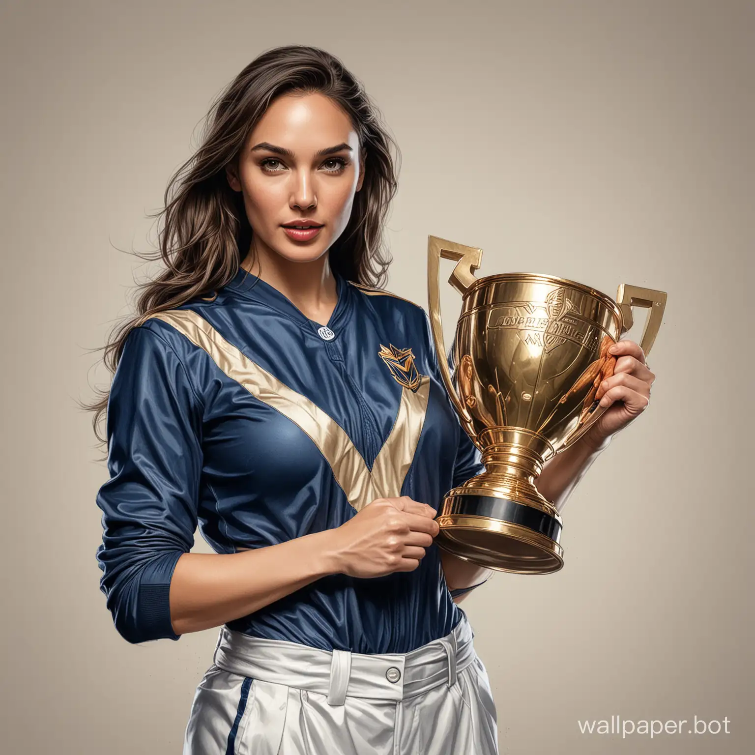 sketch Gal Gadot 26 years old dark long hair size 4 breast narrow waist in dark blue-beige football uniform holding a large champions cup white background high realism drawing with colored markers blur at the bottom