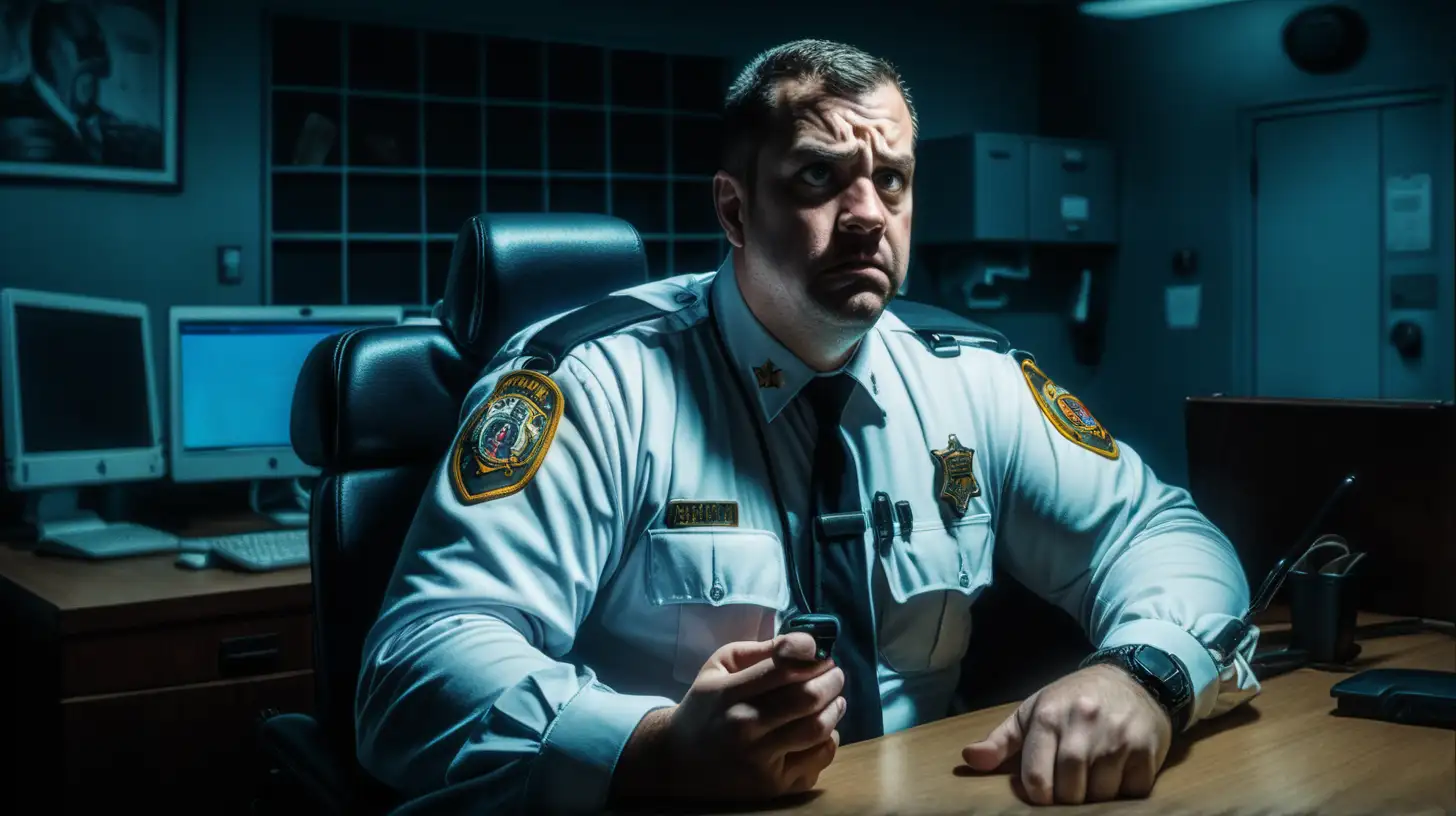 american comic, cinematic lighting, 40-years-old one white security guard is feeling nervous and scared, seated on a chair, watching a walkie-talkie on a hand,  in small security office at night