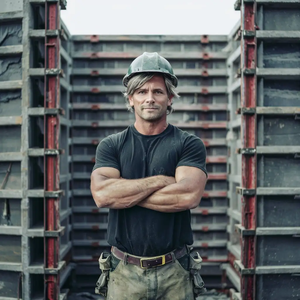 Race: white Age: 35 Gender: Male  Occupation: construction worker   Hair: natural two-tone skin tone: tanned dressed in a black t-shirt and hard hat. Building formworks for concrete building
