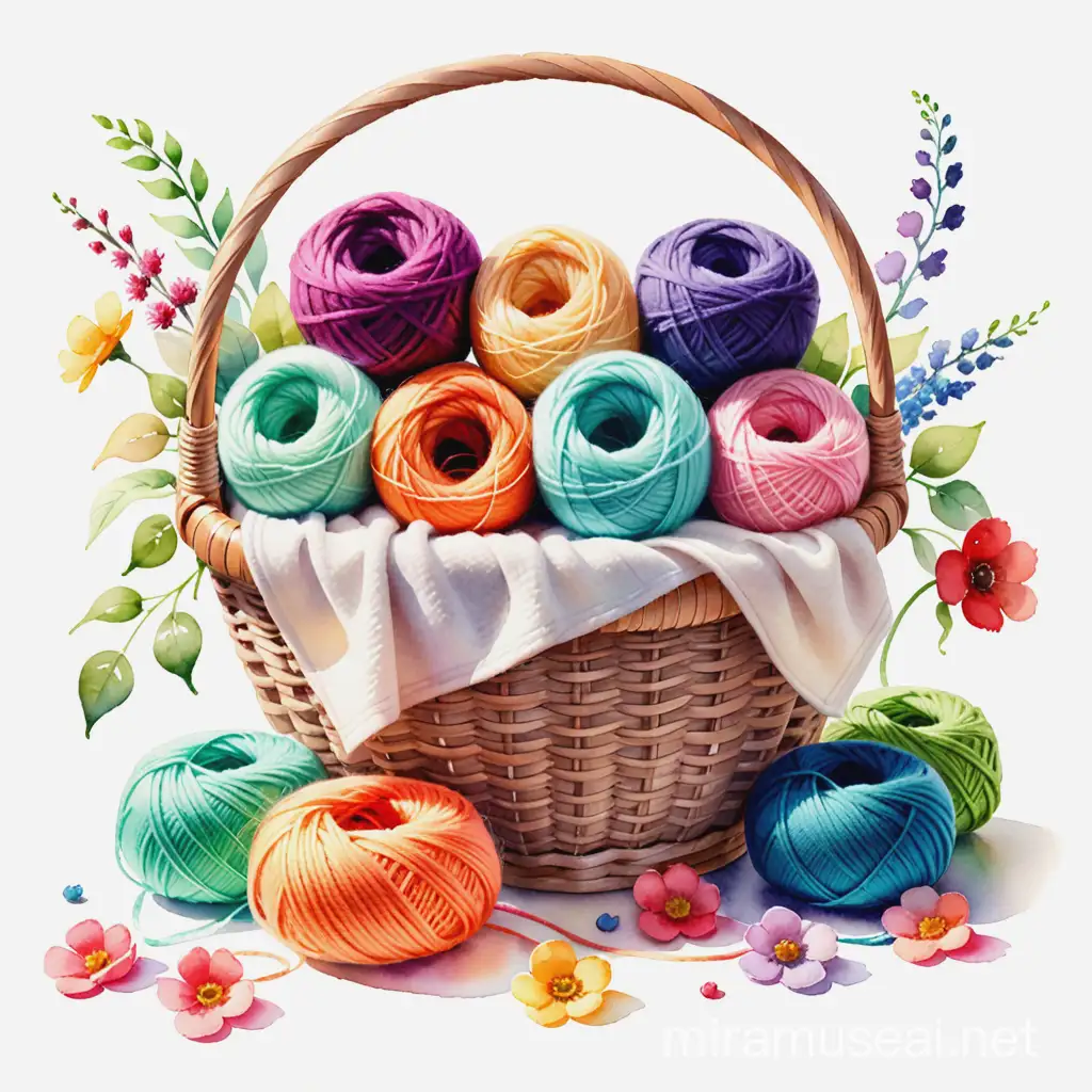 Colorful Yarn Basket with Flowers on White Background Watercolor Illustration