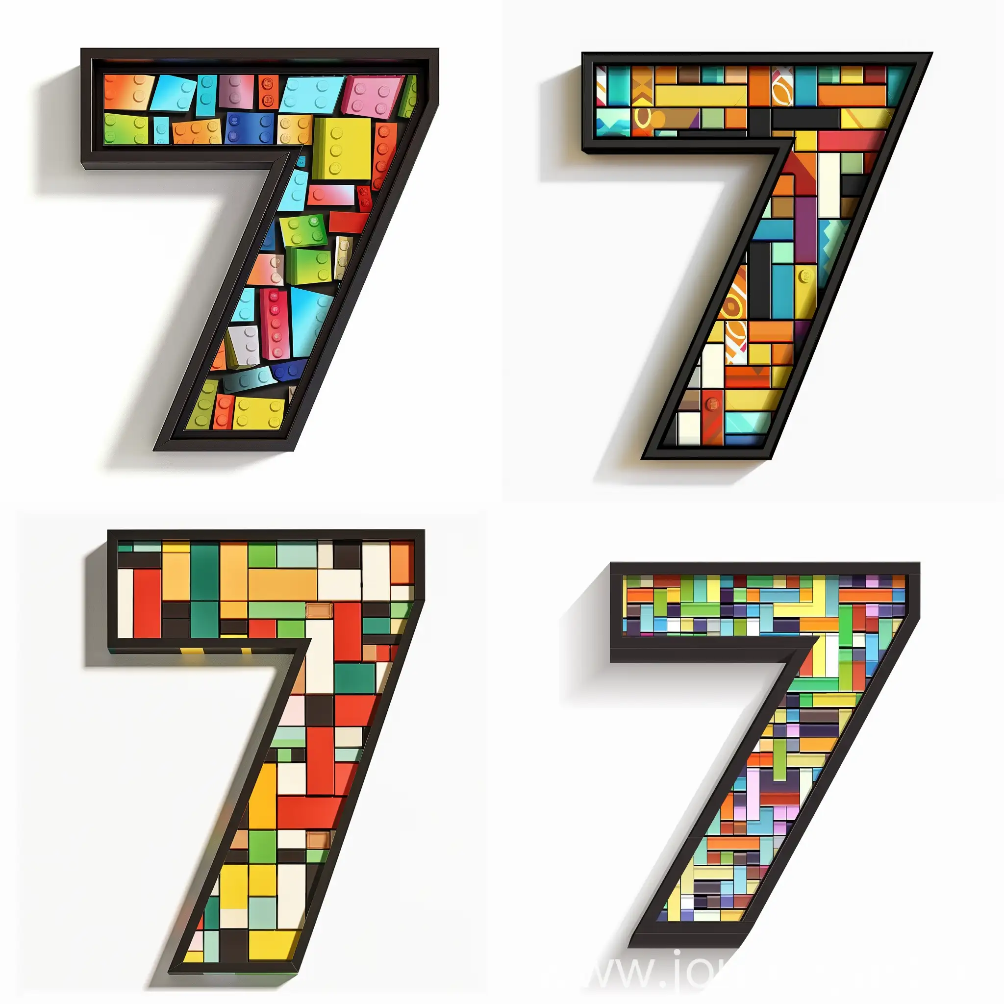 Flat 2d number 7 with a lego pattern, only front side can be seen, no other sides, no sidewalls, no shadows, black borderline and the pattern within, white background