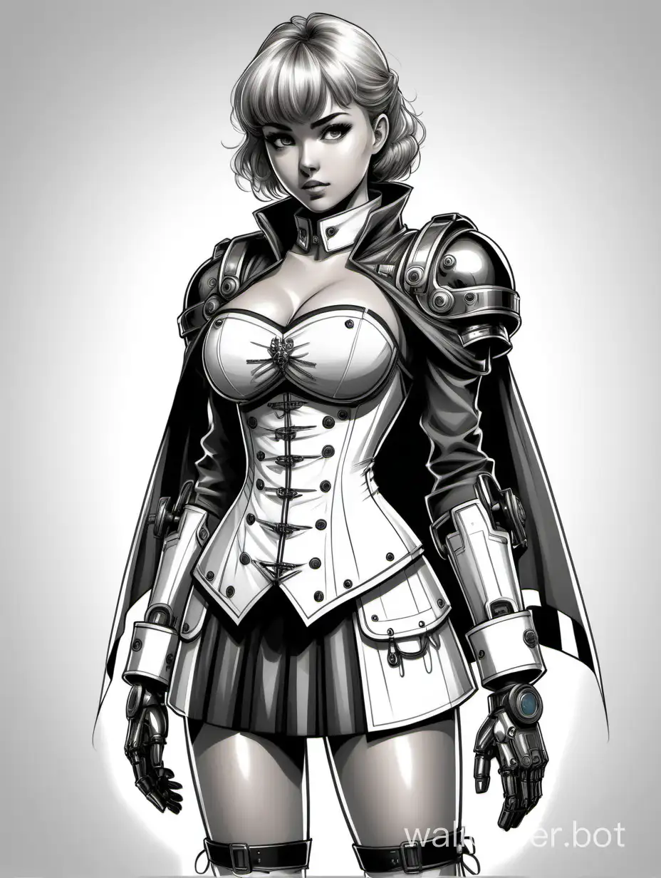 Young Anna Rouson, Russian. Pilot of the combat robot assault. Short light hair with bangs, large breasts size 4, narrow waist, wide hips, corset with lacing and steel ornament, skirt with metallic overlays, short cloak on the right shoulder, black and white sketch, white background, anime style.