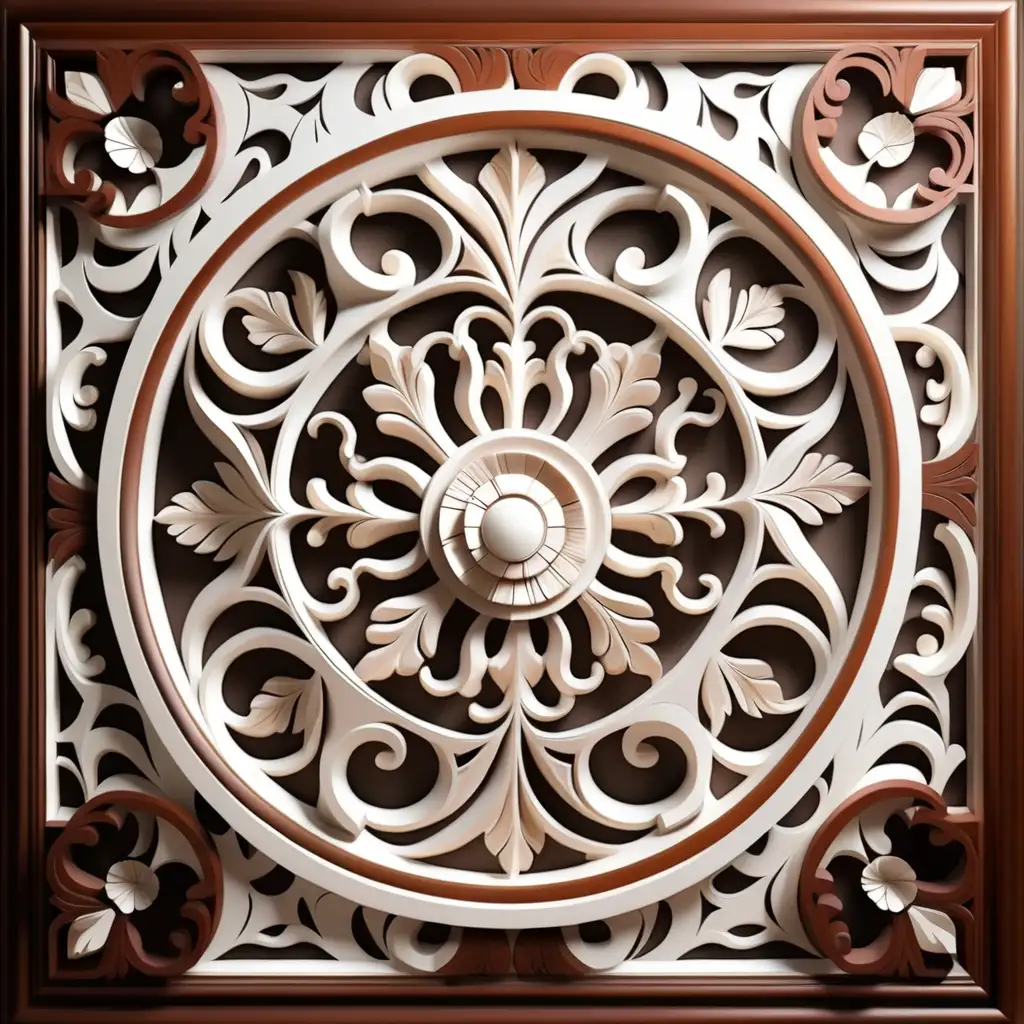 Elegant White Carved Wall Panels with Brown Wooden Border