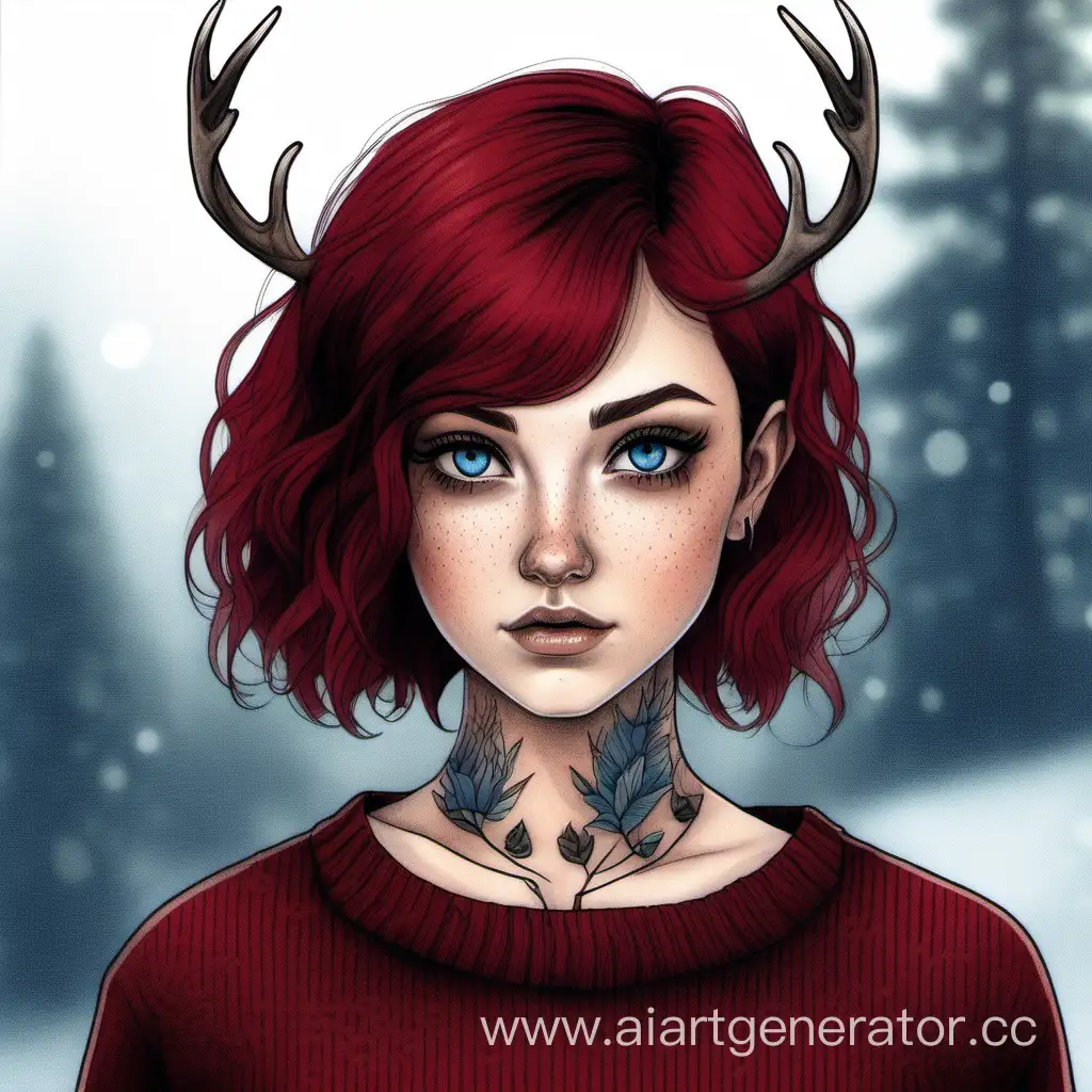 Young-Woman-with-Burgundy-Hair-Red-Sweater-and-Deer-Tattoo-on-Thigh