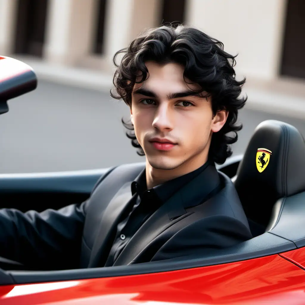 Young guy 18 years, very pretty, black wavy hair, sexy, billionaire’s son, in the red Ferrari 
