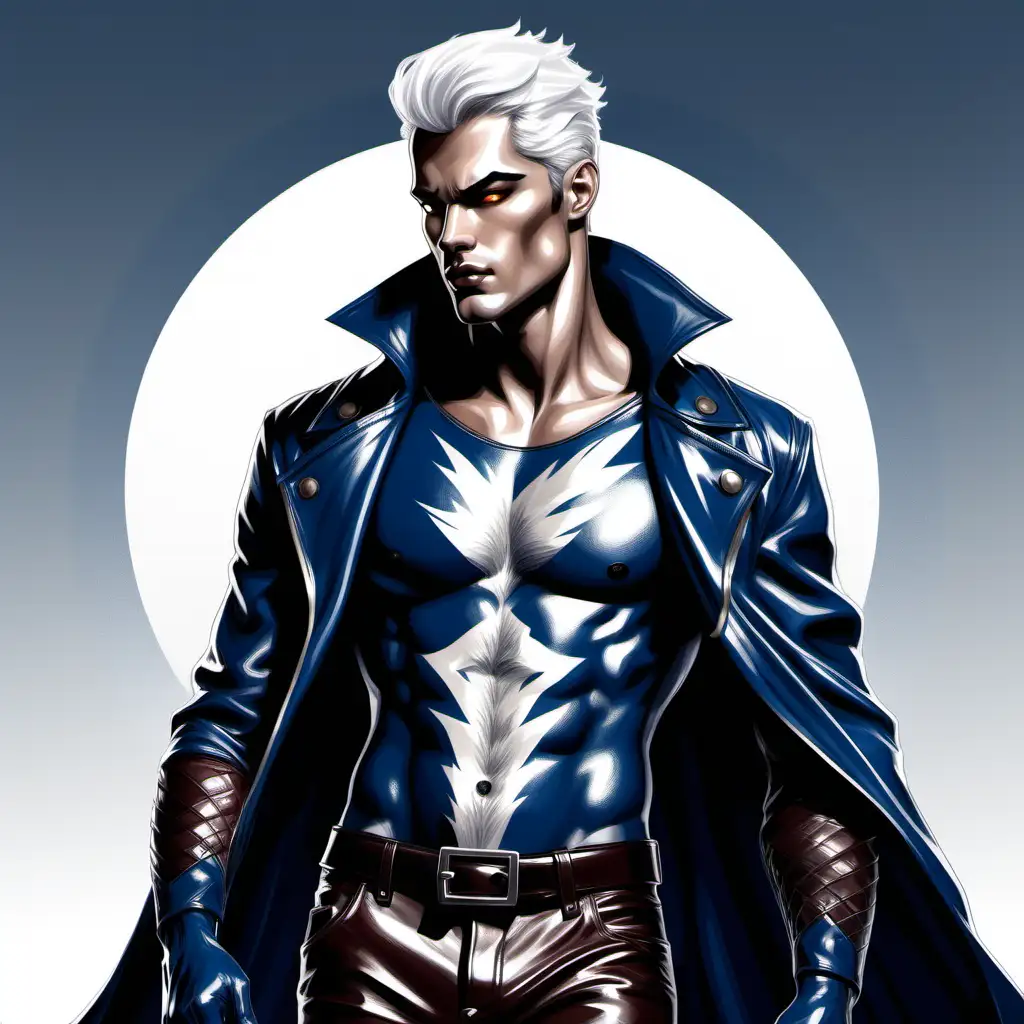 / Fashion Illustration of a male superhero inspired by a wolf with white hair and leather