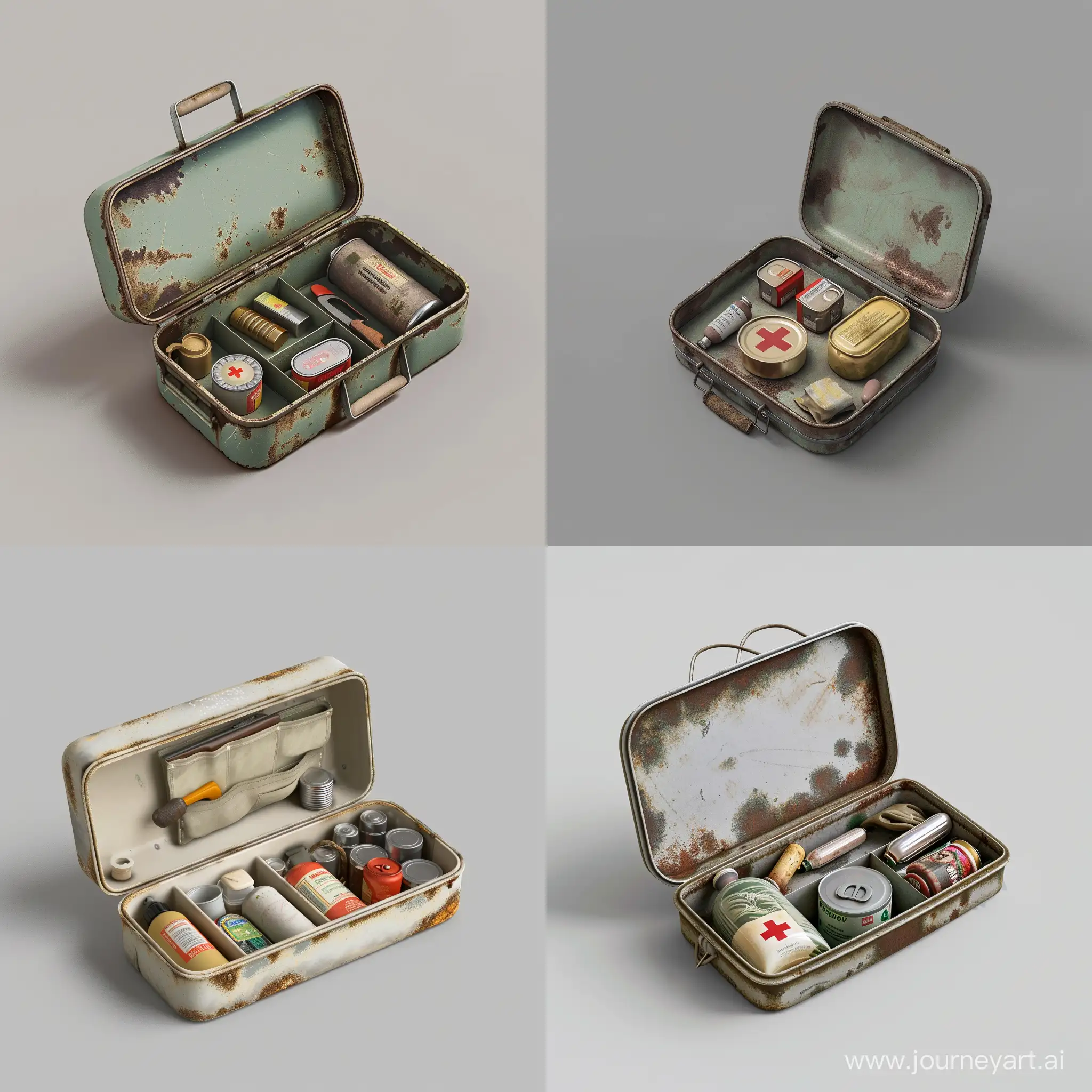 isometric realistic mini very small simple opened survival kit in realistic worn simple oblong metal case, 3d render, stalker style, less details, hunting first aid, hygiene, canned