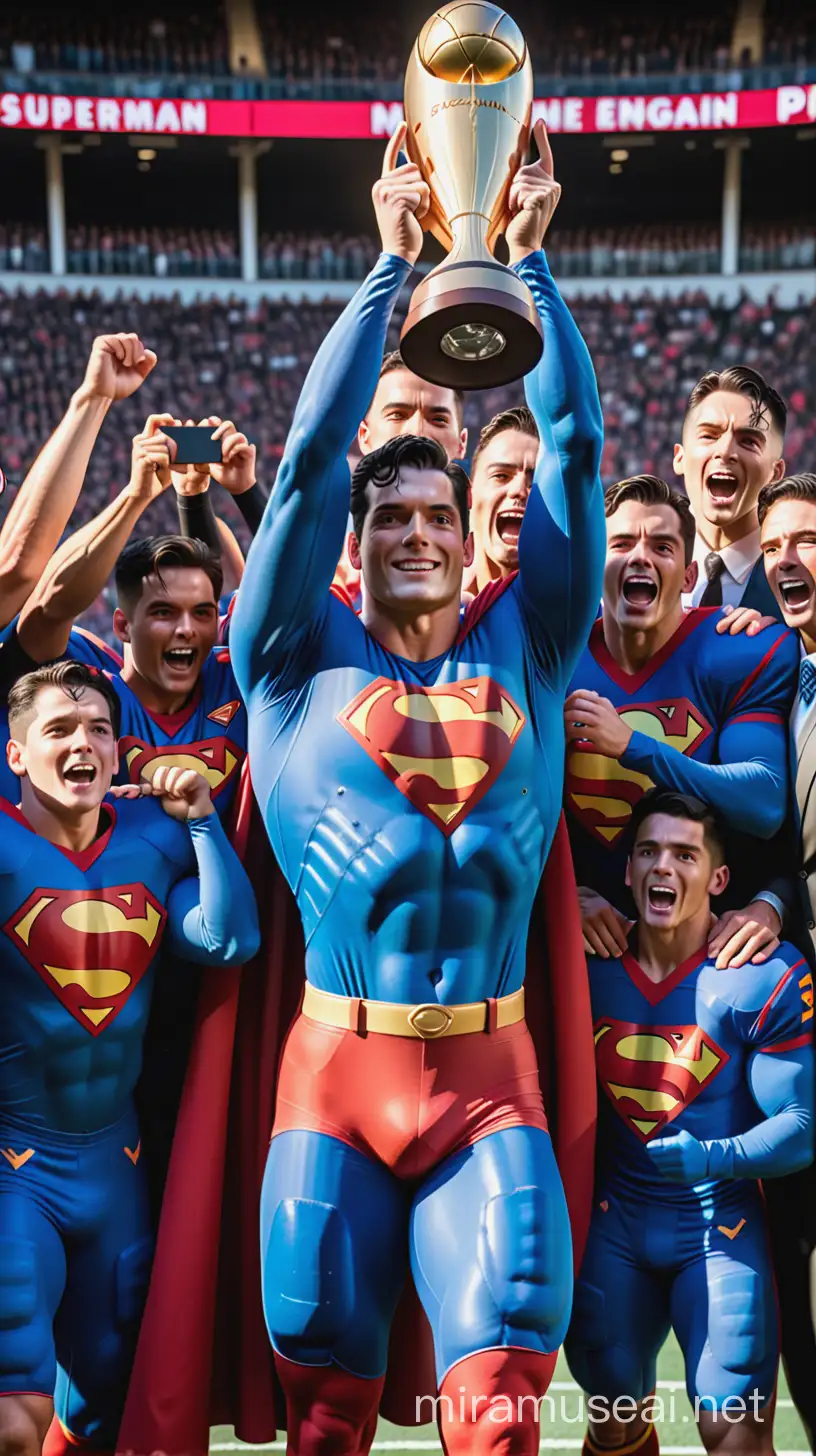 Superman as a football player lifting his first trophy with his teammates 