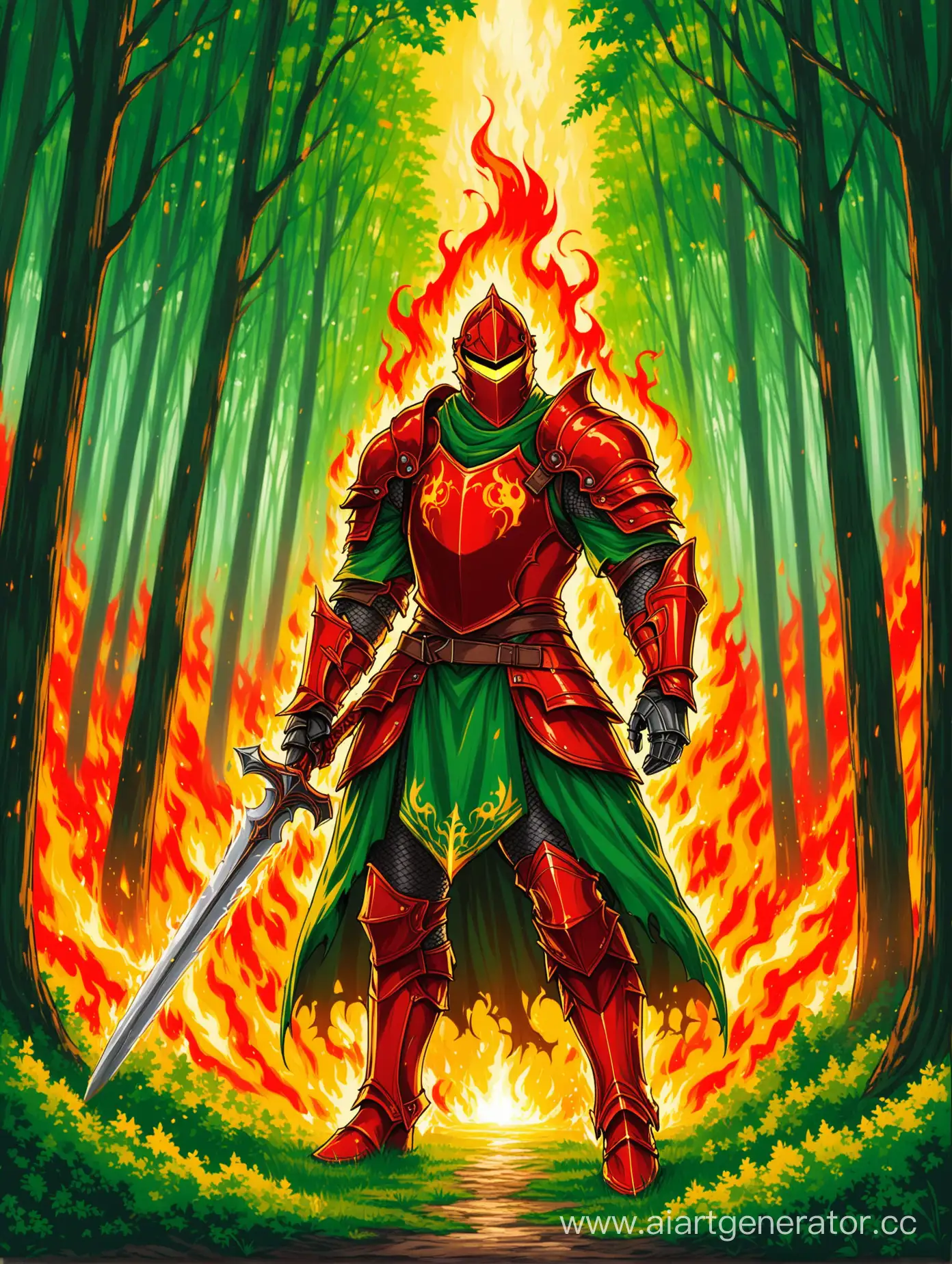 Огненный рыцарь в зеленом лесу у дома
