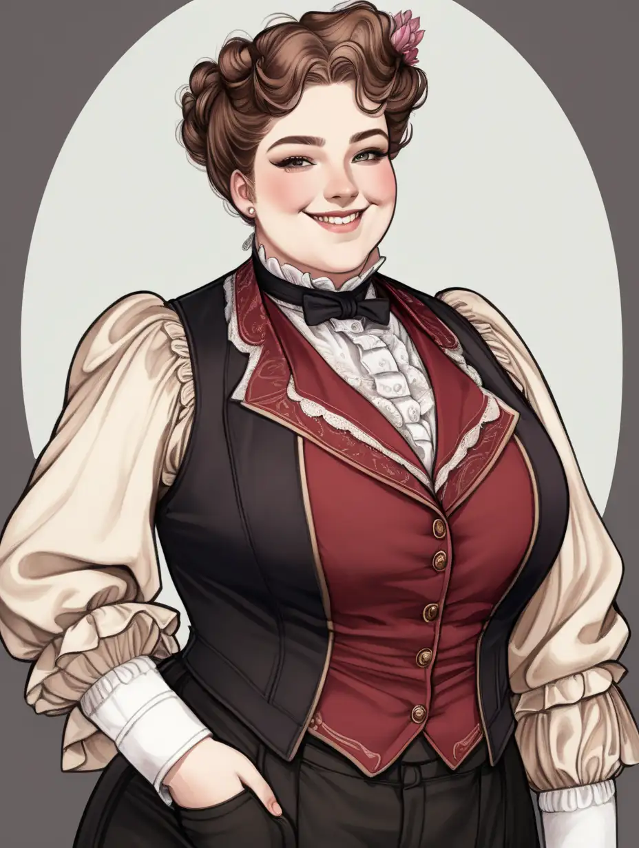 Plus size androgynous person, smiling, and dressed in victorian clothing