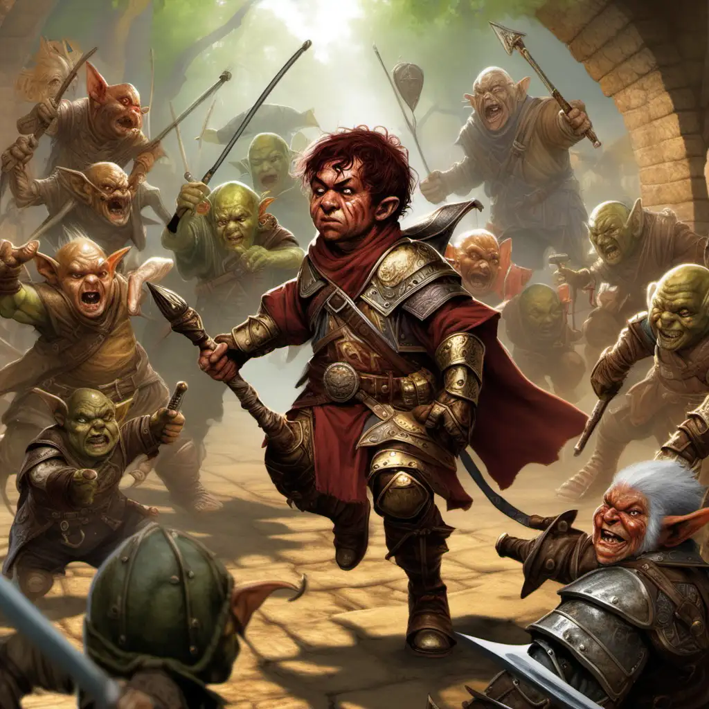 pathfinder 2e halfling using a sling staff standing in the midst of a battle with hobgoblins.