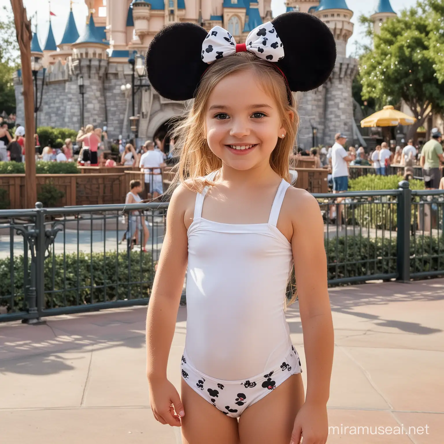 A 7-year-old girl in white tight bikini, braces, cameltoe, wearing mickey mouse ears, at Disneyland, realistic.
