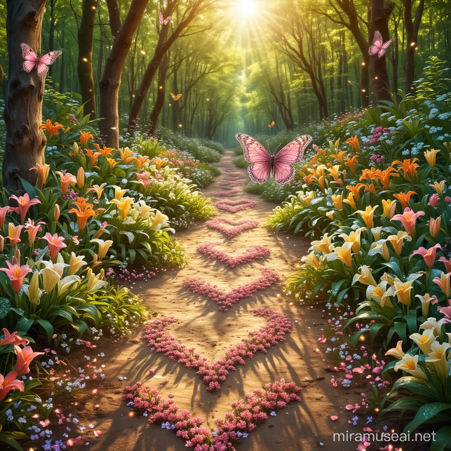 Glittering Heart Path in a Lush Spring Forest with Sun Rays and Delicate Butterflies