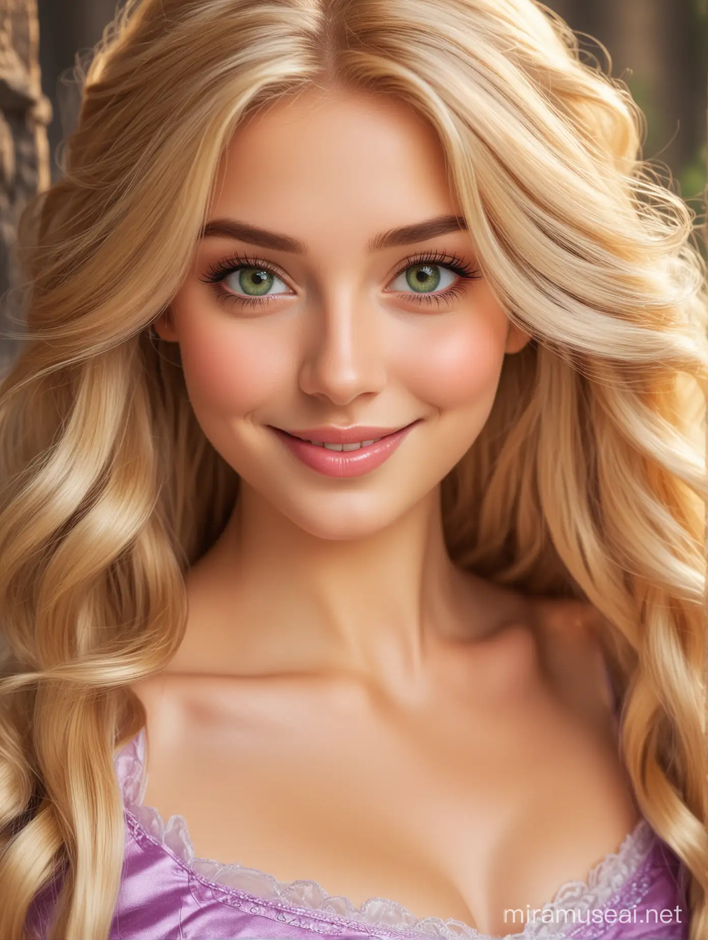 Smiling Rapunzel Princess with Blonde Hair and Green Eyes