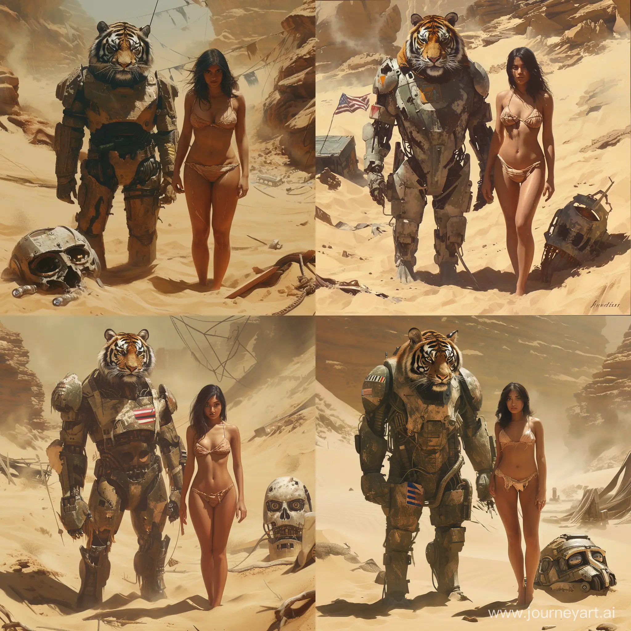 A post-apocalyptic desert landscape with a gigantic futuristic tiger wearing a weathered war suit standing beside a woman with dark hair. The woman's attire is a tattered bikini barely clinging to her body, with no flags or distinguishing nationality markers. They are surrounded by remnants of advanced civilization, with a massive robot head partially buried in the sand, hinting at a civilization long forgotten. The environment is hot and humid, with a temperature of 38 degrees Celsius and 100 percent humidity, causing a steamy, sweltering atmosphere. The scene is set in daytime, with the sun beating down on the stark and desolate scene, highlighting the contrast between the raw power of the tiger and the delicate form of the woman. This is a single image, combining elements of survival, desolation, and the bond between human and beast in a world that has moved beyond its former technological glory.