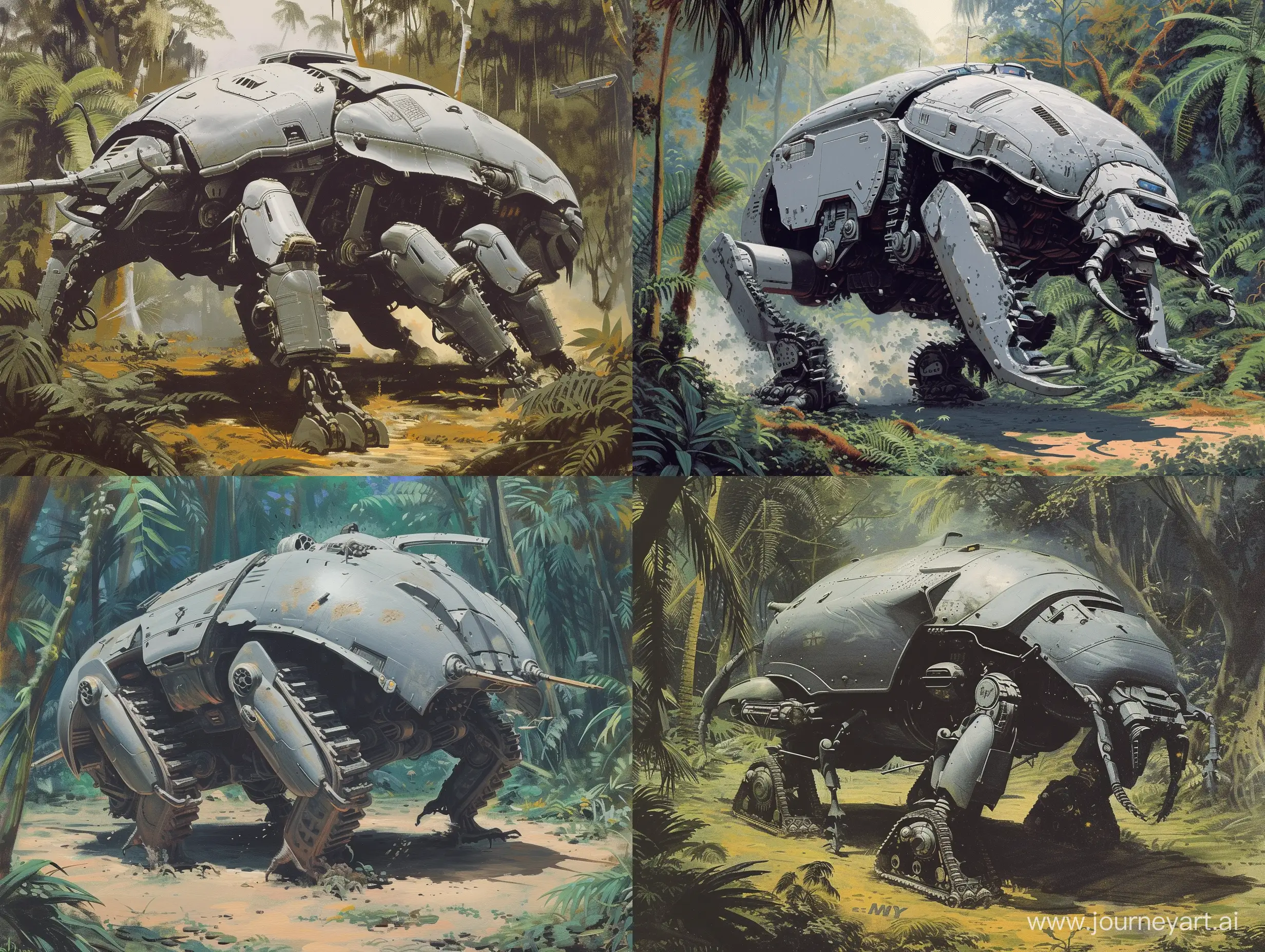 Concept art of a giant armored gray tank slightly resembling a rhinoceros beetle fighting in a jungle painted by Ralph McQuarrie. the tank has treads instead of legs. in Retro Science Fiction Art style. in color.
