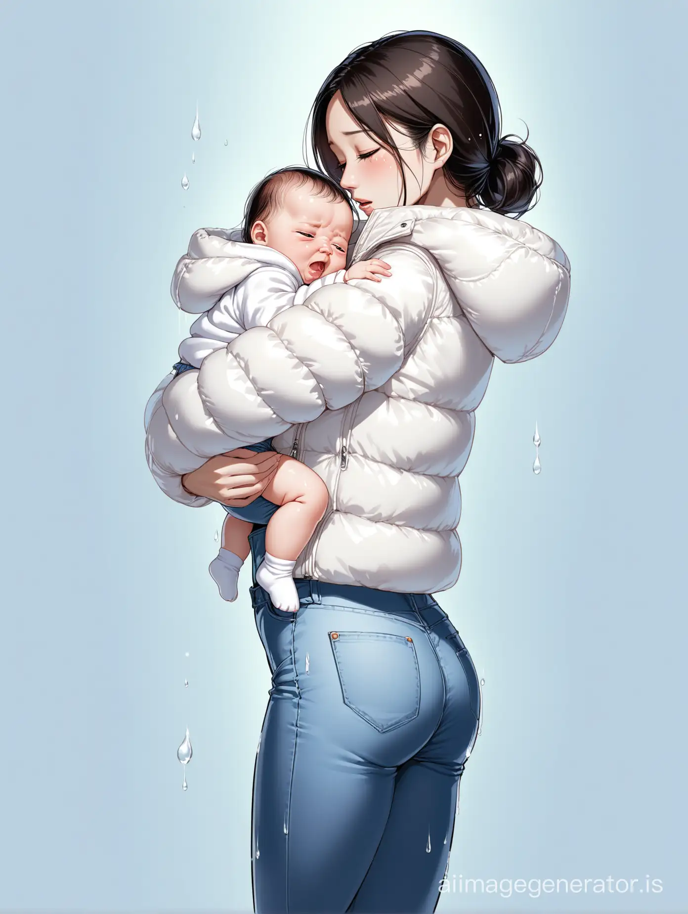 Chinese woman, tall and slender, wearing a white down jacket and tight jeans, holding a baby in her arms, the baby is crying.