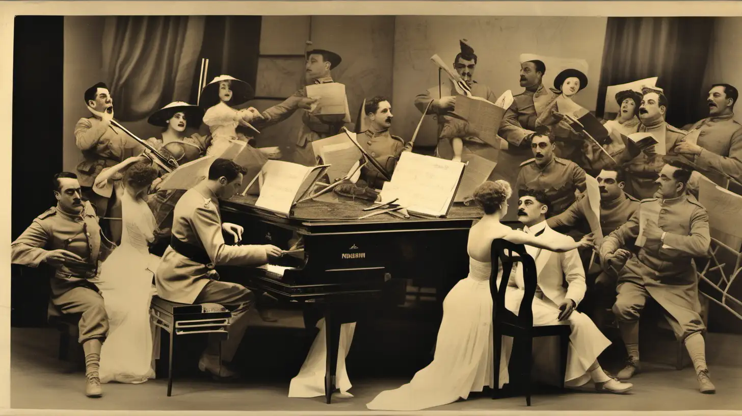 WW1 Era Puccini Composing La Rondine Amidst Collage of War and Music