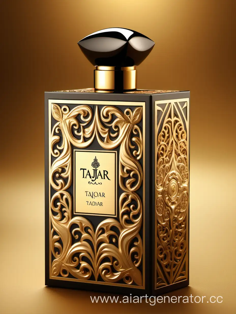 Box package design of perfume TAJDAR product, elegant, trending on artstation,   sharp focus,   studio photo,   intricate details,   highly detailed,   gold, Royal black and beige color on gold background