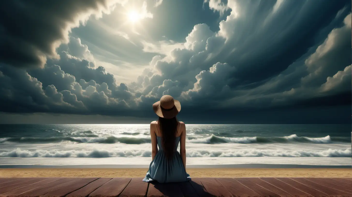 Leonardo da vinci  style , a young woman watching the beach , this is the summer the sky is dramatic ,