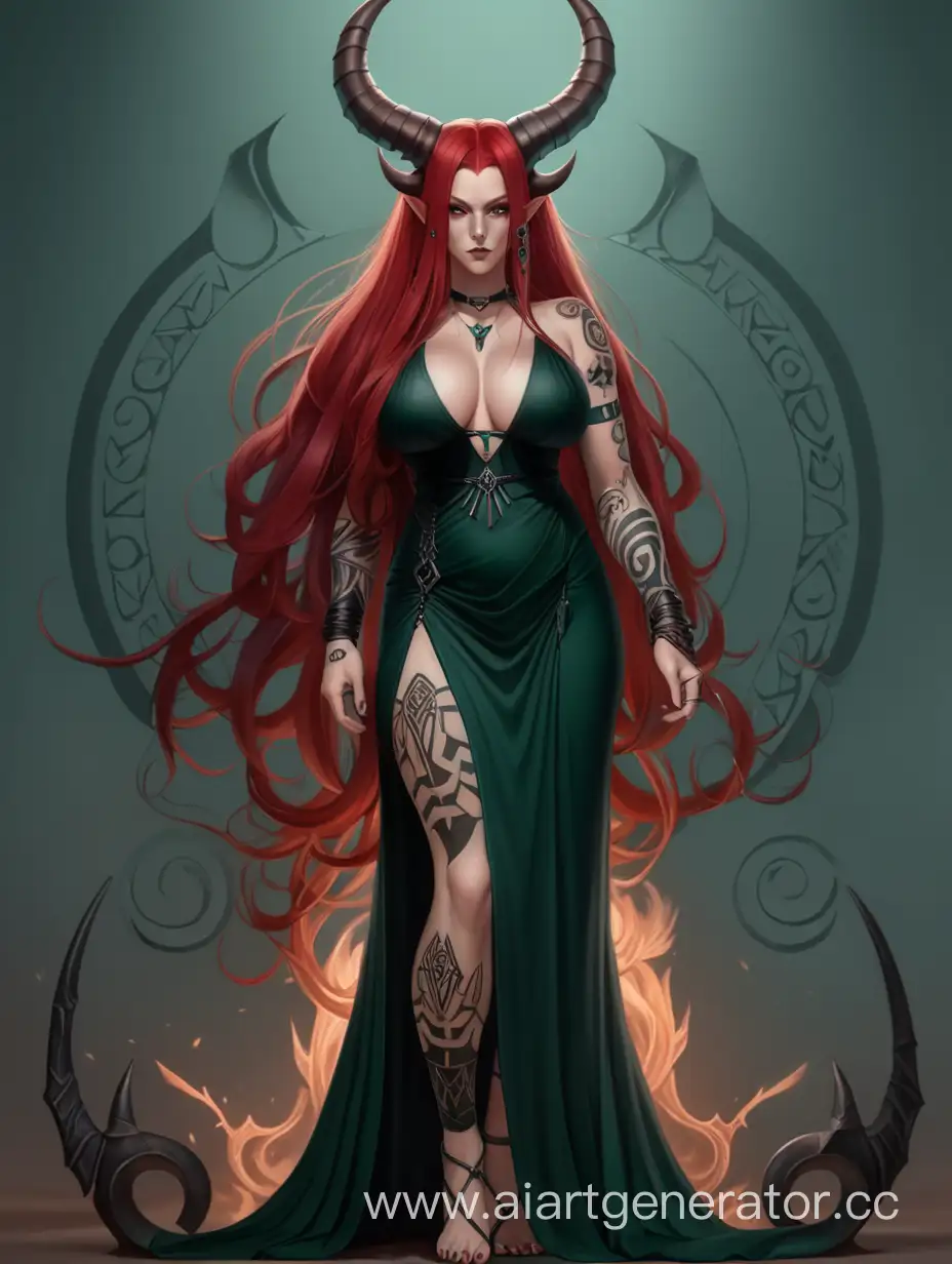 Demon, tall woman, thick thighs, big breasts, long red hair, long black and dark green goddess dress, runic tattoos, horns, female character