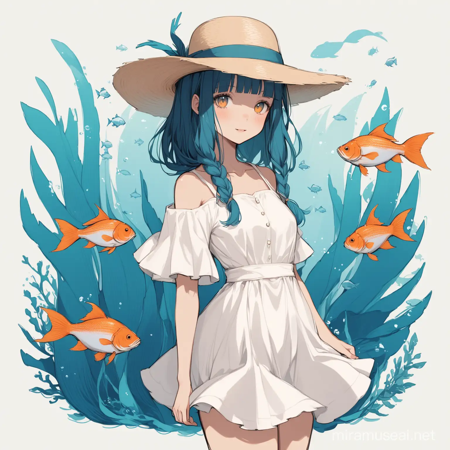 Humanoid girl with fish gills and a panama hat and a dress
