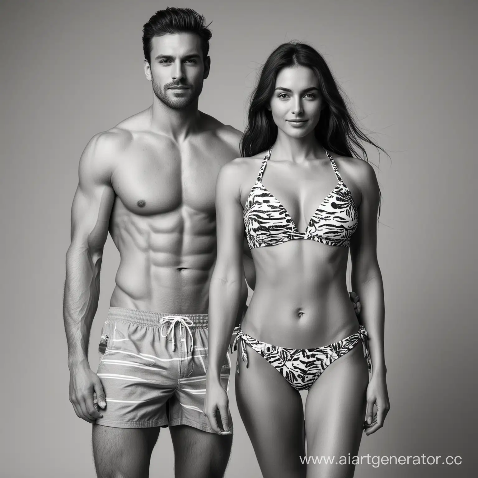 мужчина и женщина с подтянутыми телами в пляжной стилистике, передающей свежесть и легкость, в пляжной одежде, на сером однотонном фоне