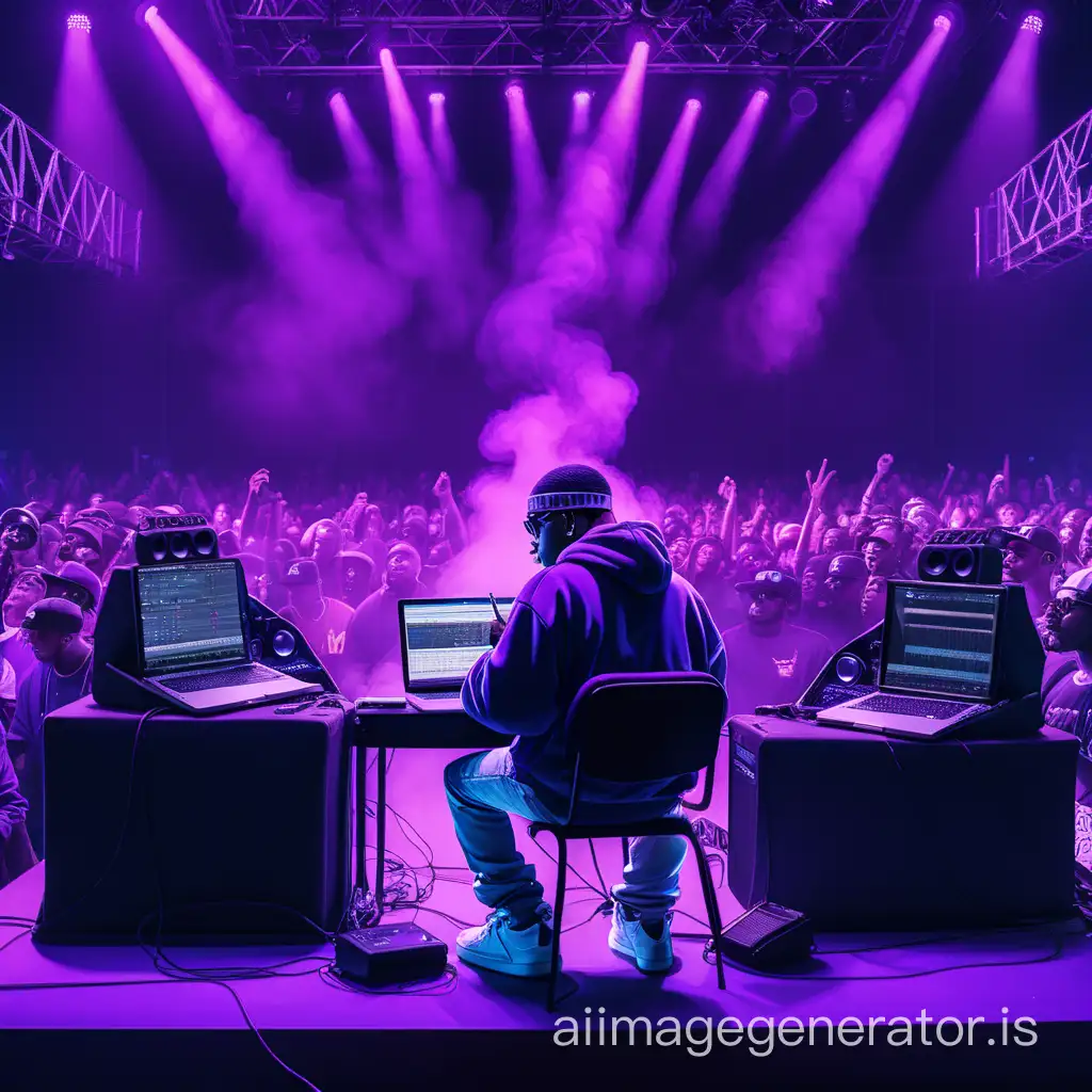 a beatmaker sits on a large stage and writes a beat on a computer, he smokes, the audience are rappers with microphones, they stand in front of the stage facing the scene, the dominant color is purple