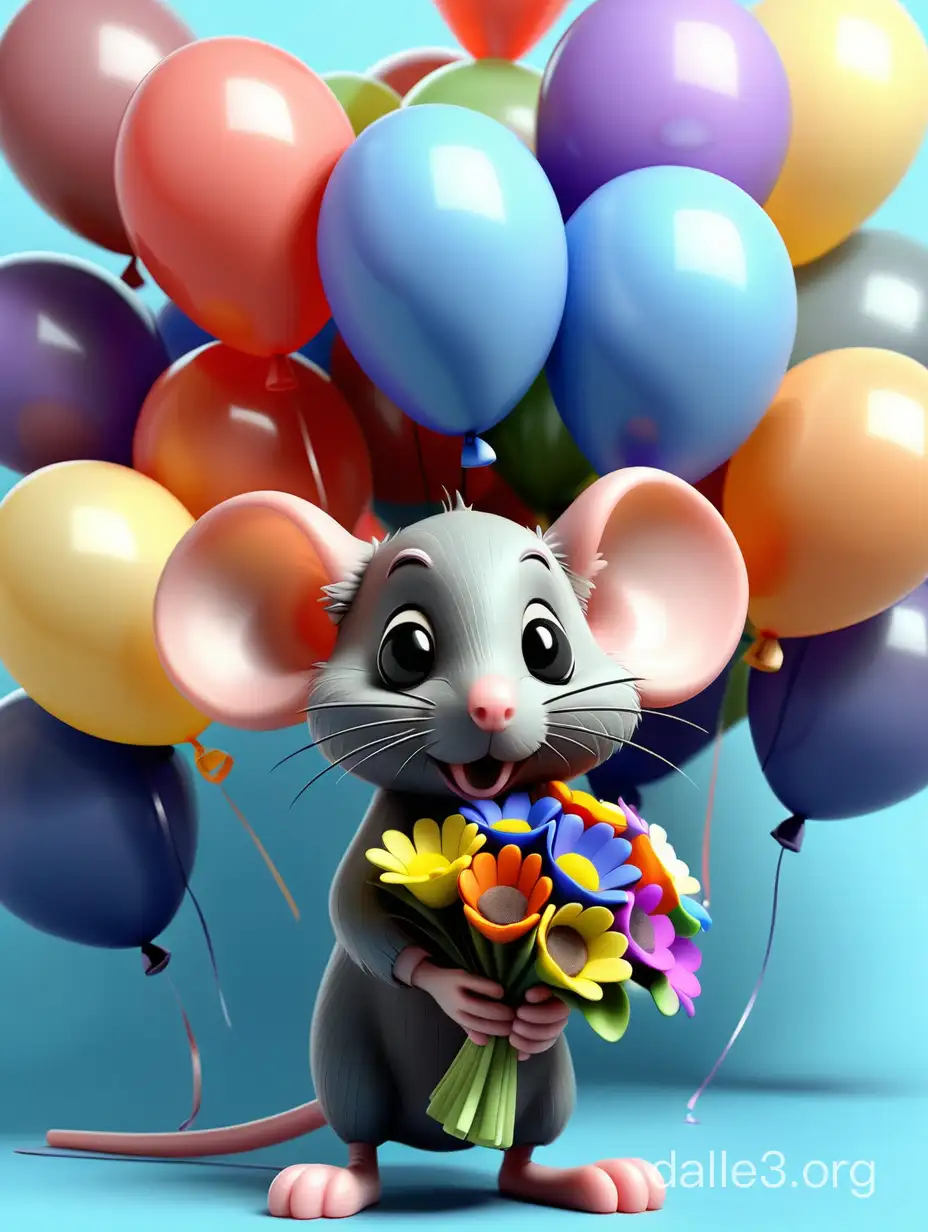 mouse with a bouquet of flowers, background multi-colored balloons