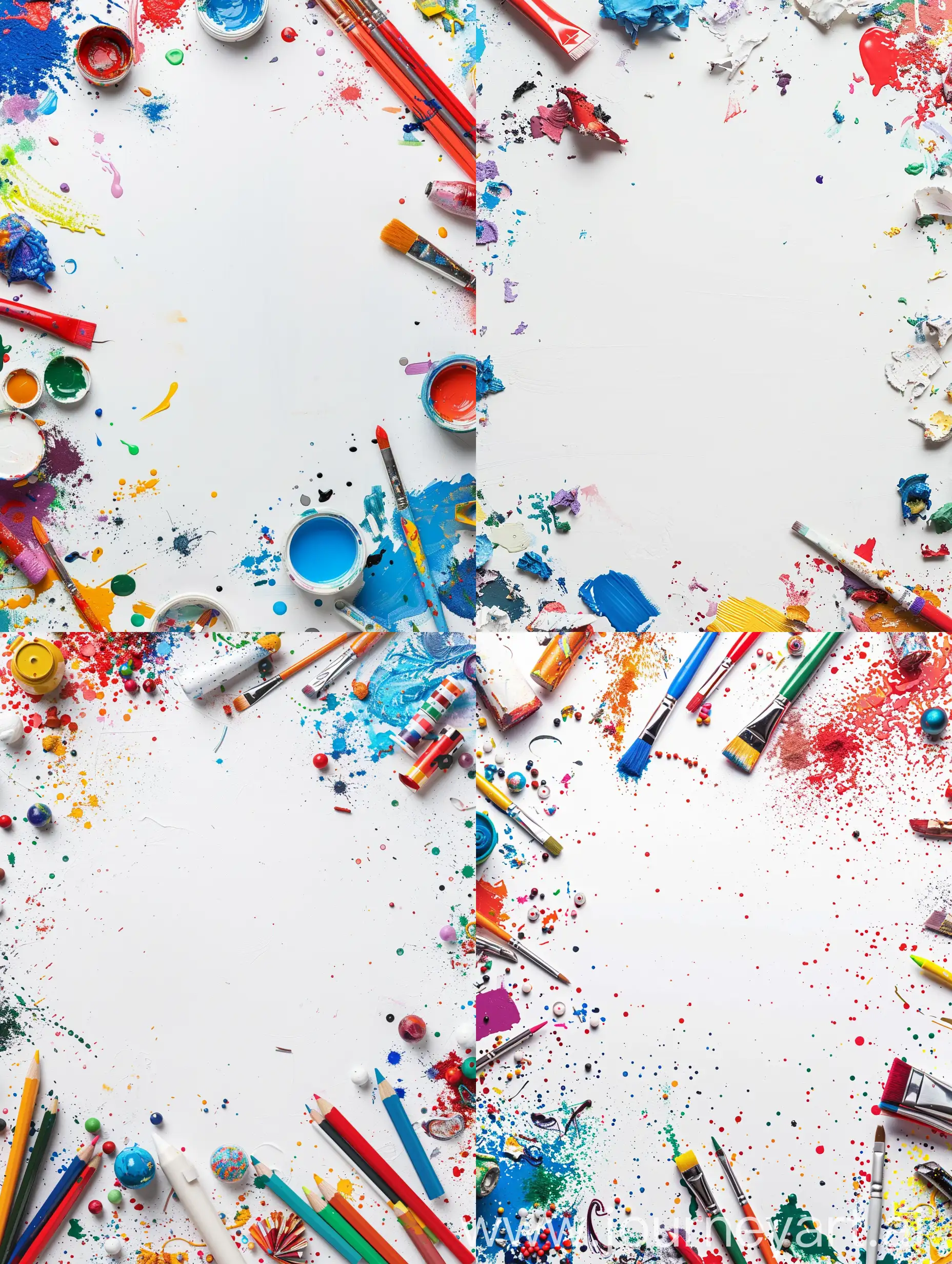фоновое изображение для игры про смешивание цветов: фон белый по краям изображения разброшены художественные материалы, вид сверху