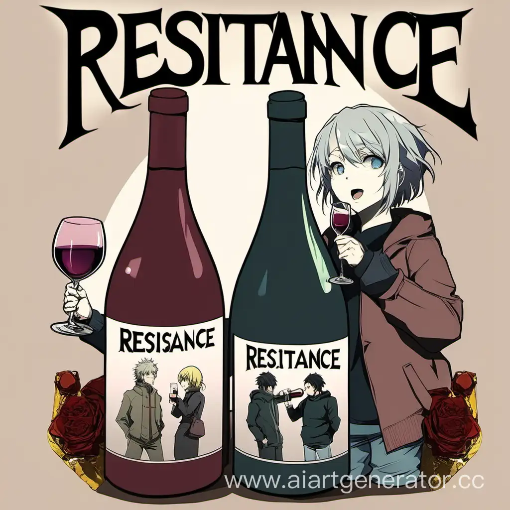 Два человека пьют вино , на бутылке написано Resistance, стиль аниме 