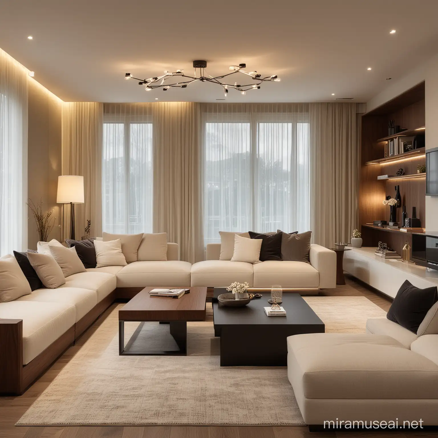 modern living room, dark walnut wood, off white, led lightning, warm light, soft atmosphere, black 