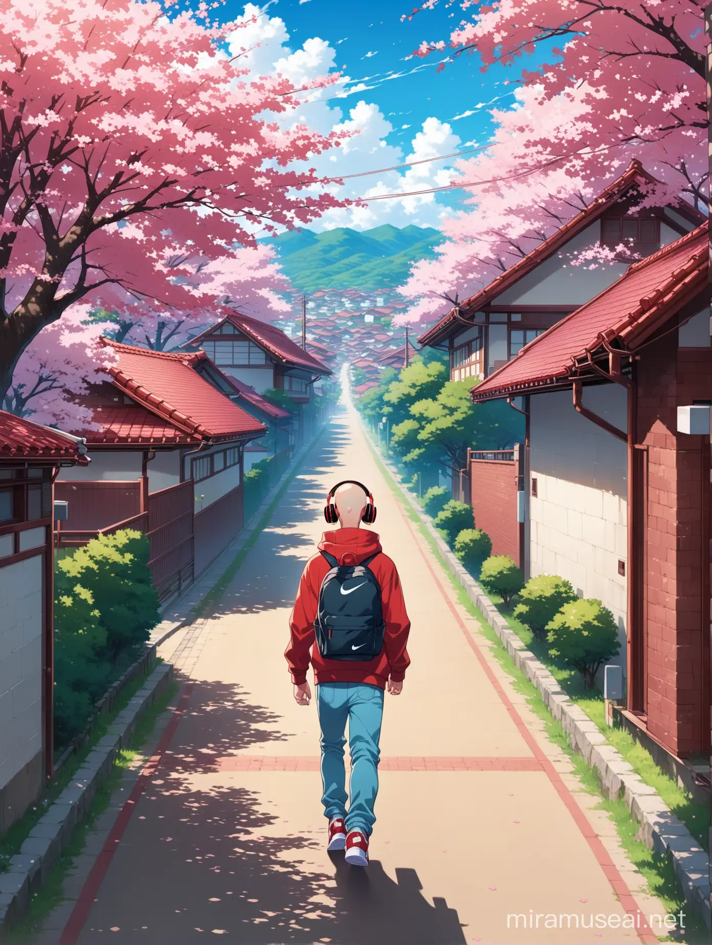 Anime Young Man Walking Along SakuraLined Road Towards Village