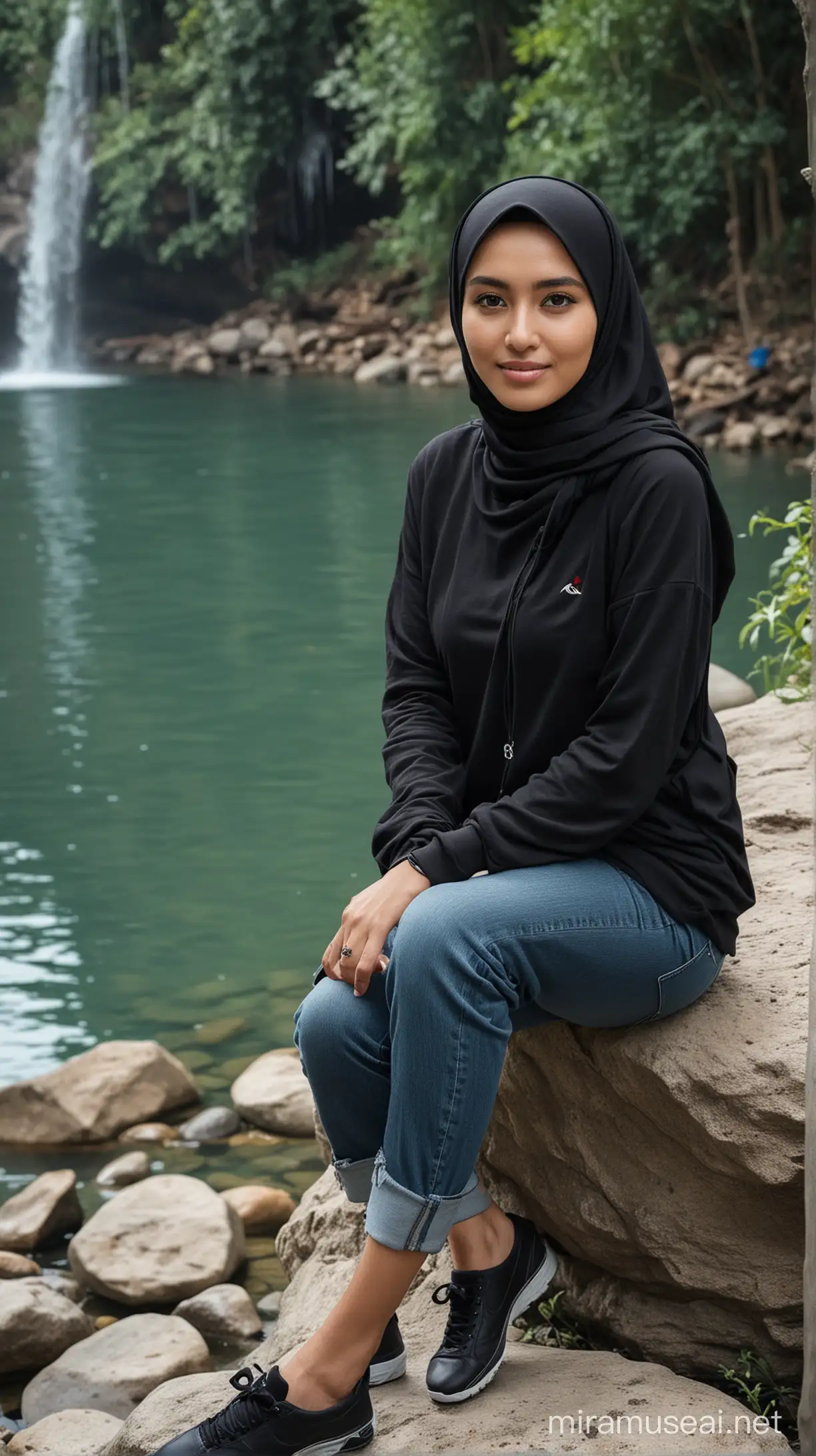 A turkish woman from INDONESIA, aged 35, heigh 160 cm and weight 65 kg,  with a clean and oval face, sitting on a rock, wearing black hijab, black long t-shirt with the "kaza" logo, wearing smartwatch, and jeans, nike shoes.There is a waterfall in the background, a lake, and various flowers.