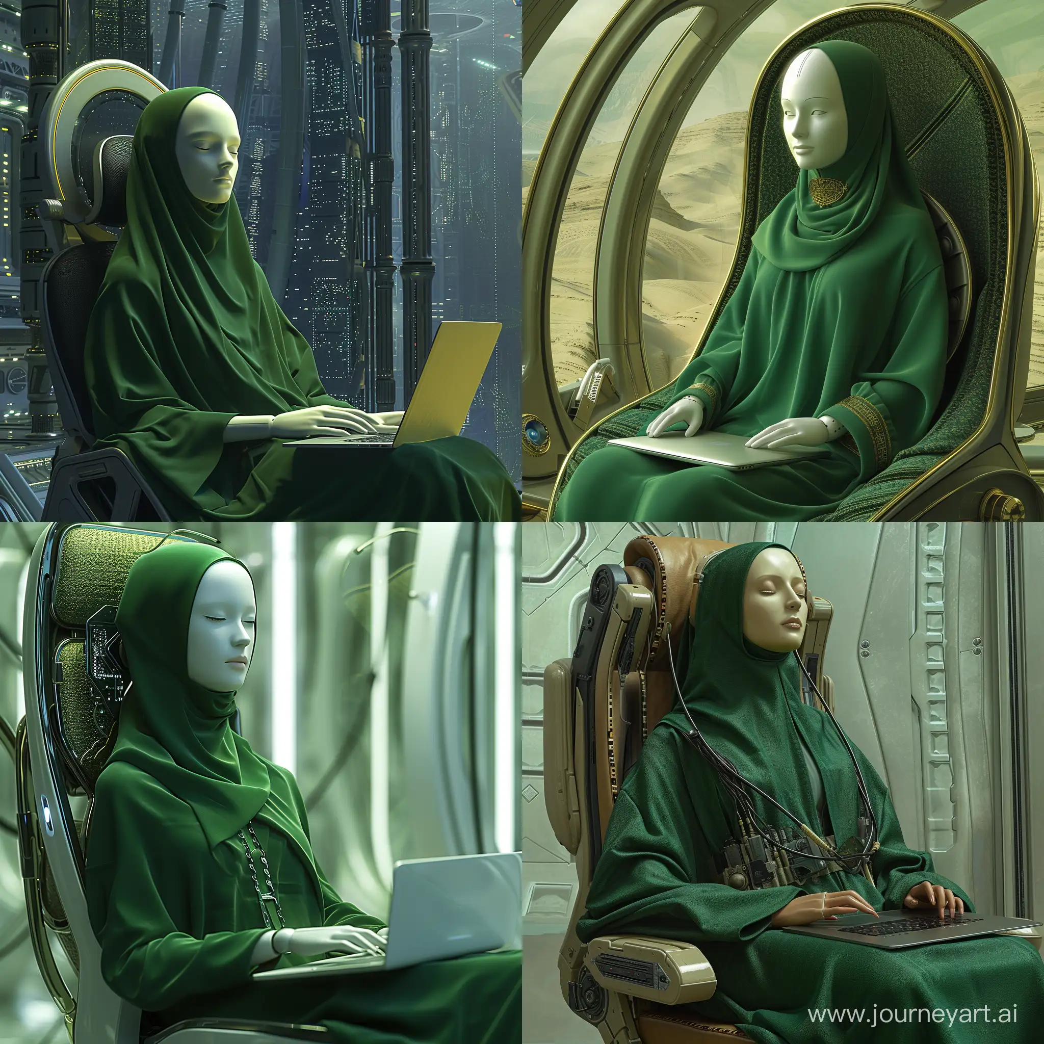 a modern technologies a female mannequin without a face  in green abaya, sitting in a technologies chair with a laptop, a matte painting by Dimitre Manassiev Mehandjiysky, behance contest winner, art & language, movie poster, stockphoto, matte painting