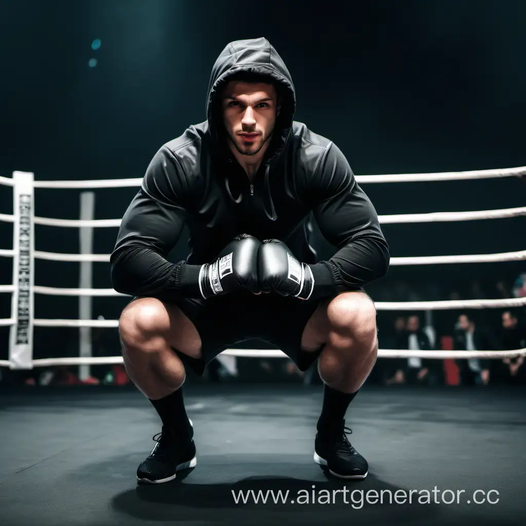 A muscular guy with stubble in a sports black jacket with a hood, boxing shorts and socks squats in the ring