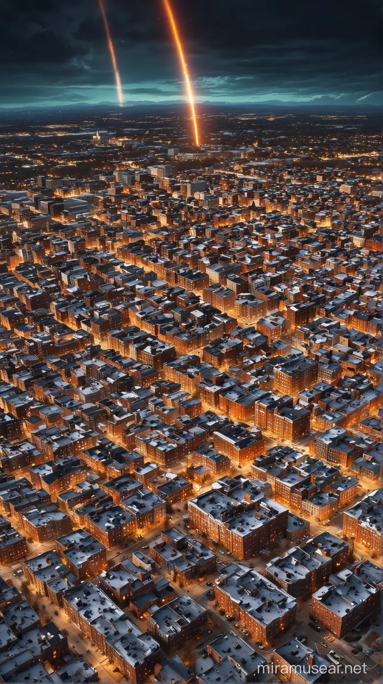 Springfield sous l’assaut de la tempête solaire : Crée une image de la ville de Springfield avec des éclairs solaires frappant les bâtiments, des antennes paraboliques tombant et des écrans d’ordinateur s’éteignant. Utilise des couleurs vives pour accentuer l’impact.
