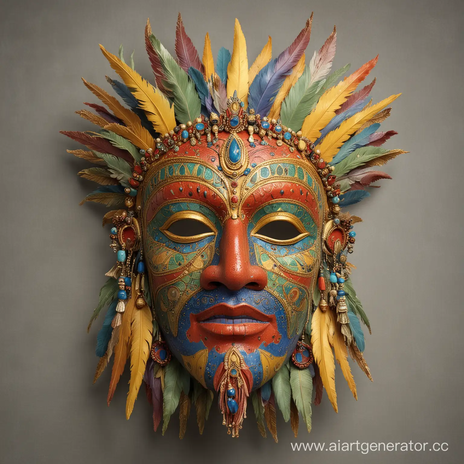 Интерьерная маска восточного мудреца , в полный размер, красочная, симметричная,  оригинально выполненная , со множеством деталей и фактур. Выполнена в желтом, красном, синем, зелёном,  фиолетовом цвете с золотом.