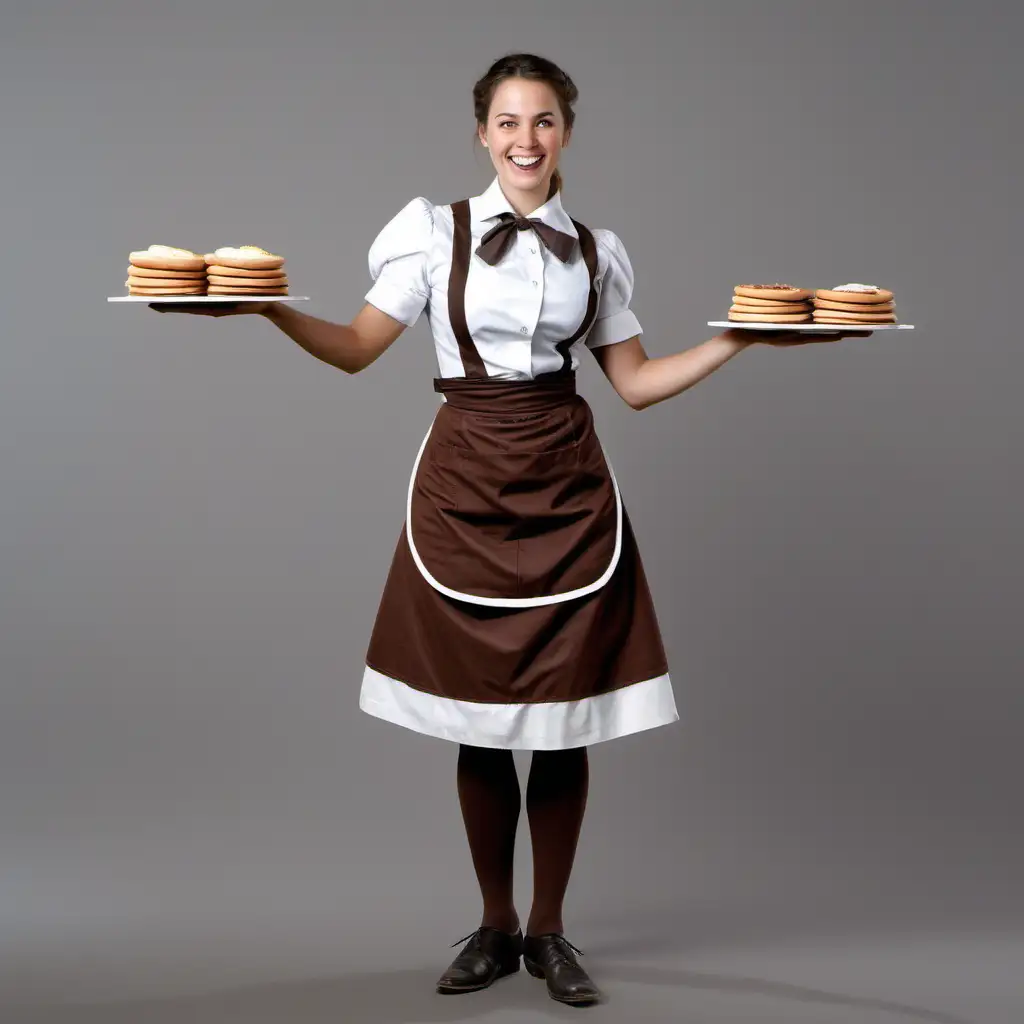 young happy woman waitress in 1850 wearing brown and white costume showing her entire body including shoes with grey clean backdrop