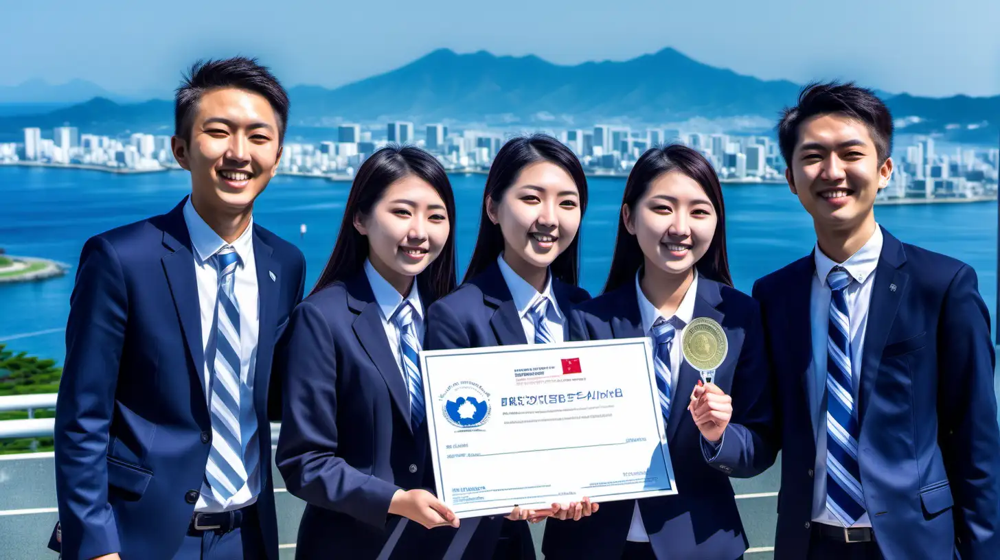 diverse university students winning a challenge and accepting a prestigious prize after their amazing presentation with the background being a view of Awaji island in japan.
