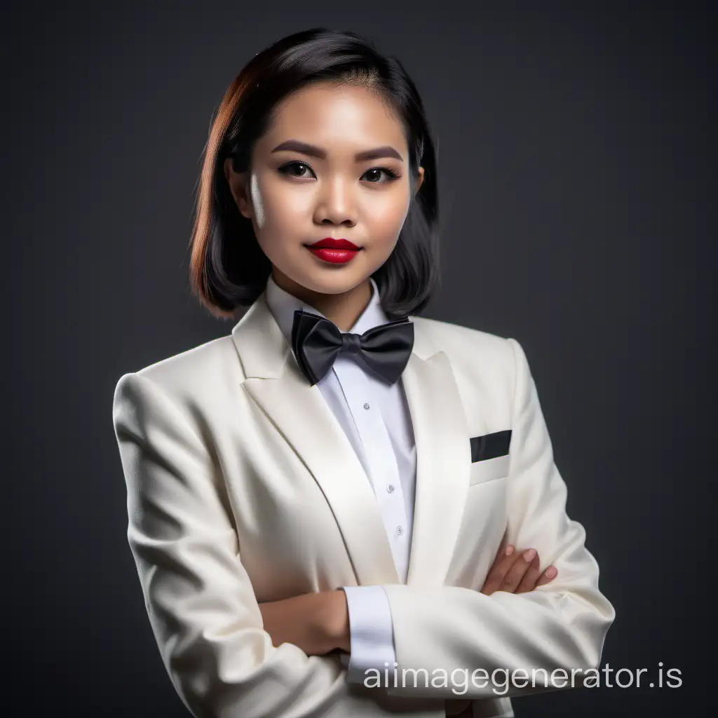 cute and sophisticated and confident indonesian woman with shoulder length hair and lipstick wearing an ivory tuxedo with a white shirt and a black bow tie, crossing her arms